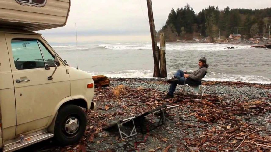 An RV Boondocking by the lake