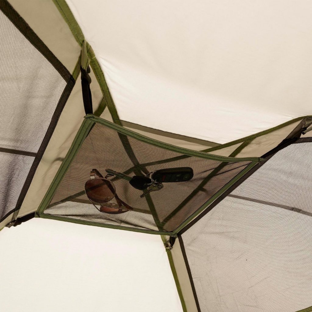 Mesh storage area in tent celing