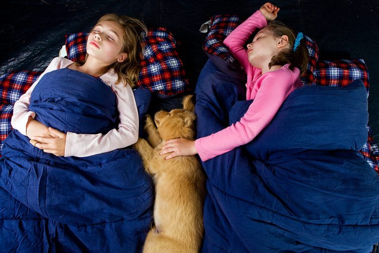 Kids in sleeping bags with a puppy in the middle