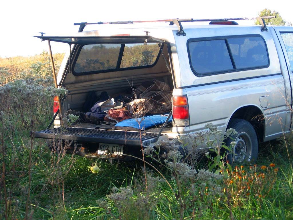 A basic camping setup in truck with a shell